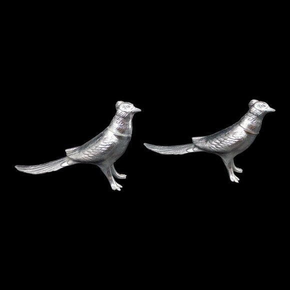 Vtg MCM Pheasants Salt & Pepper Shakers Silver Plated Long Tail Birds Pair Set - Picture 2 of 16